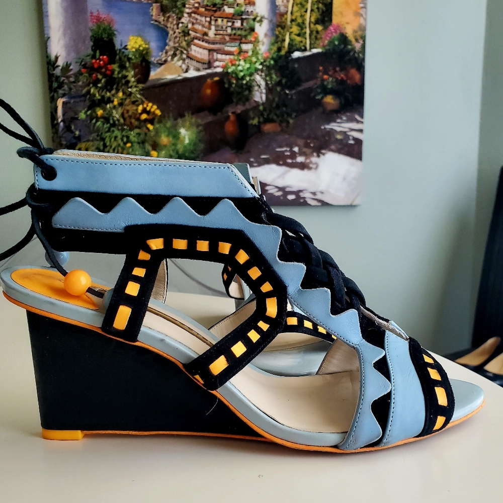 Sophia Webster Riko Wedges Black / Sky Blue 7.5 EUC 40.5